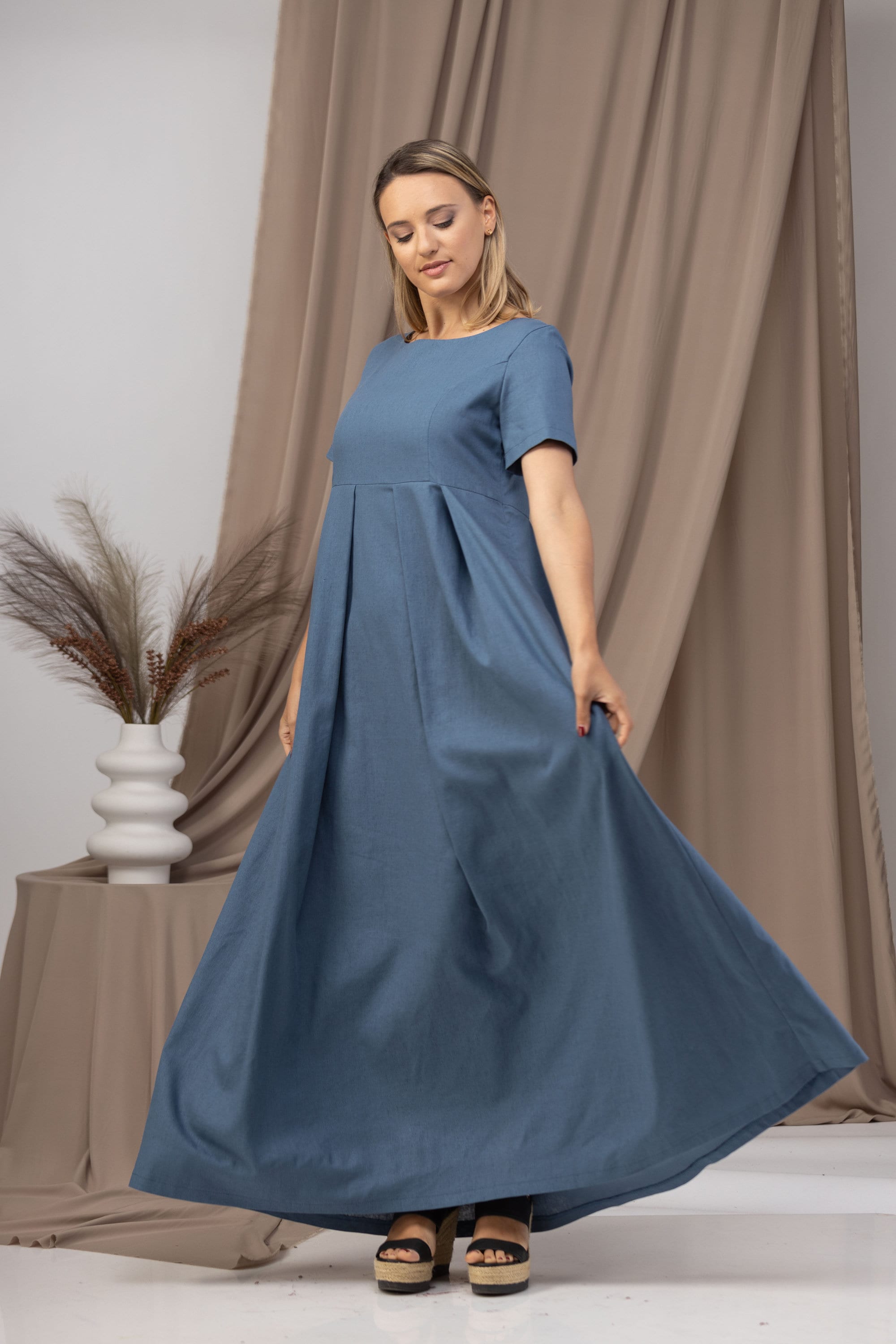 blue empire waist maxi dress Flat Tie-Shoulder Empire Waist Maxi Dress with Front Slit