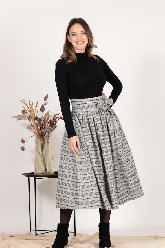 Midi Plaid Cotton Skirt, 1950's Skater Skirt With Bow, Gathered