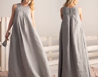 Linen Minimalist Floor Length Dress, Linen Maternity Dress, Sleeveless Summer Party Loose Dress