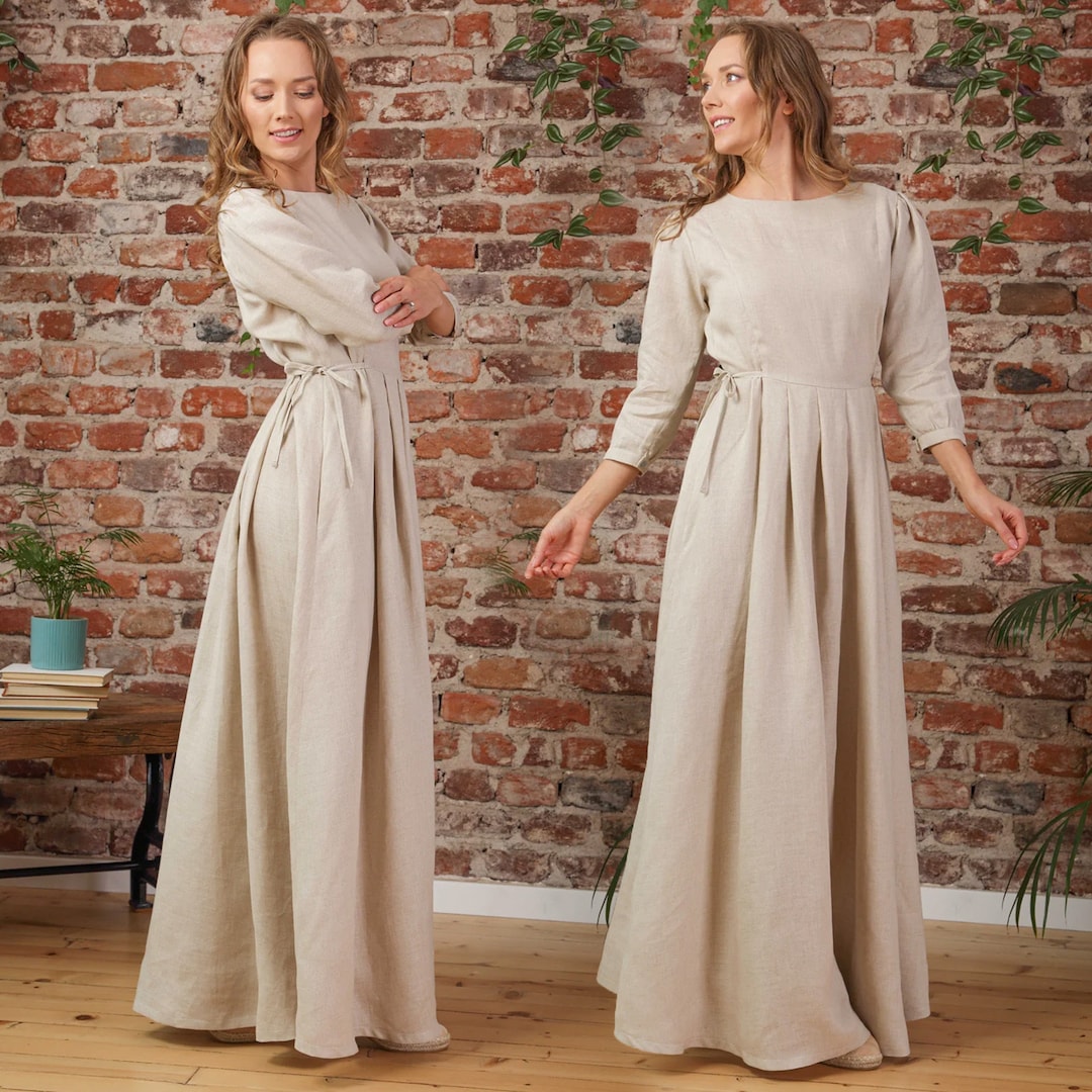 Linen Modest Floor Length Dress with Bracelet Sleeves, Linen Homestead Maxi Dress by NikkaPlace