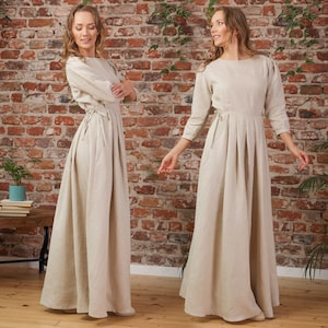 Linen Modest Floor Length Dress with Bracelet Sleeves, Linen Homestead Maxi Dress by NikkaPlace