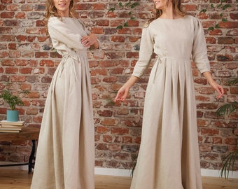 Linnen bescheiden vloerjurk met armbandmouwen, linnen Homestead maxi-jurk van NikkaPlace