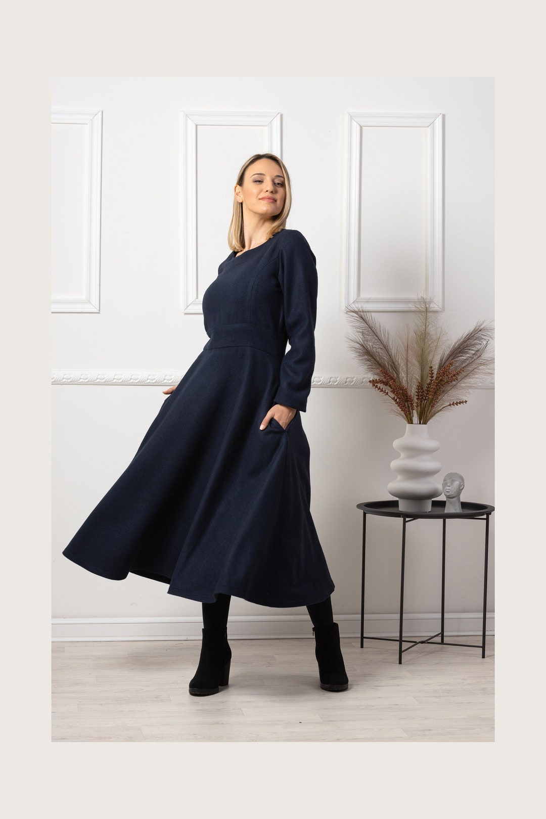 chinese dress ladies Navy Linen Midi Dress – Elegant Long Sleeve Linen-Cotton Fit and Flare Dress 4925 Navy / XL main image 1