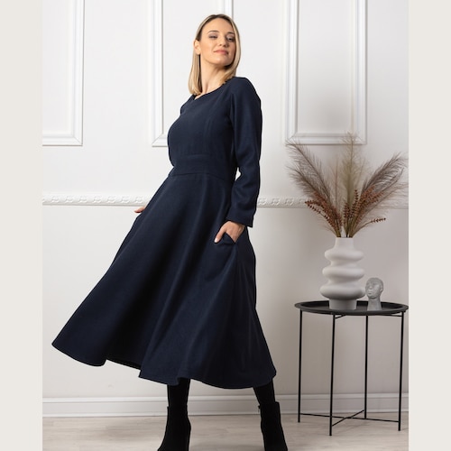 navy blue dress for baby girl Casual A-Line Midi Dress for Women in Summer, Featuring Floral Patterns, a  * Front, And Short Hollow-Out Sleeves