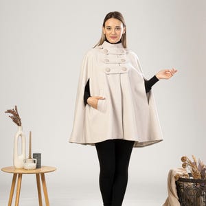 Hooded Cape Coat with Pockets, Winter Poncho Cloak, Plus Size Clothing, Short Cape Wool Mix Cloak, Poncho Jacket, Elegant Petite Swing Cape image 15