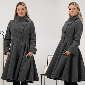 Ladies Swing Coat for Winter, Cozy Warm Midi Overcoat, Plus Size Asymmetric Closure Coat, Shawl Collar Jacket Coat, Elegant Dress Coat
