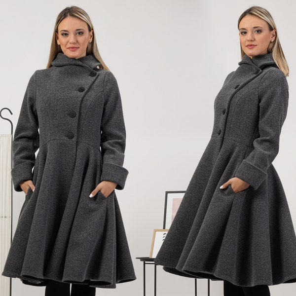 Damen Swing Mantel für Winter, gemütlicher warmer Midi-Mantel, Plus Size Asymmetrischer Verschlussmantel, Schalkragen-Jacken-Mantel, eleganter Kleidermantel