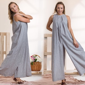 Wedding Guest Linen Jumpsuit, Wide Leg Jumpsuit, Formal Palazzo Overalls, Avant Garde Clothing, Plus Size Summer Clothing, Halterneck Romper