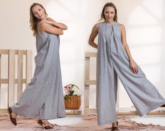 Wedding Guest Linen Jumpsuit, Wide Leg Jumpsuit, Formal Palazzo Overalls, Avant Garde Clothing, Plus Size Summer Clothing, Halterneck Romper