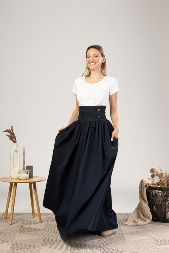 Gonna Lunga In Lino Donna - Maxi Gonna Estiva Con Elastico In Vita - Blu Navy Taglia S