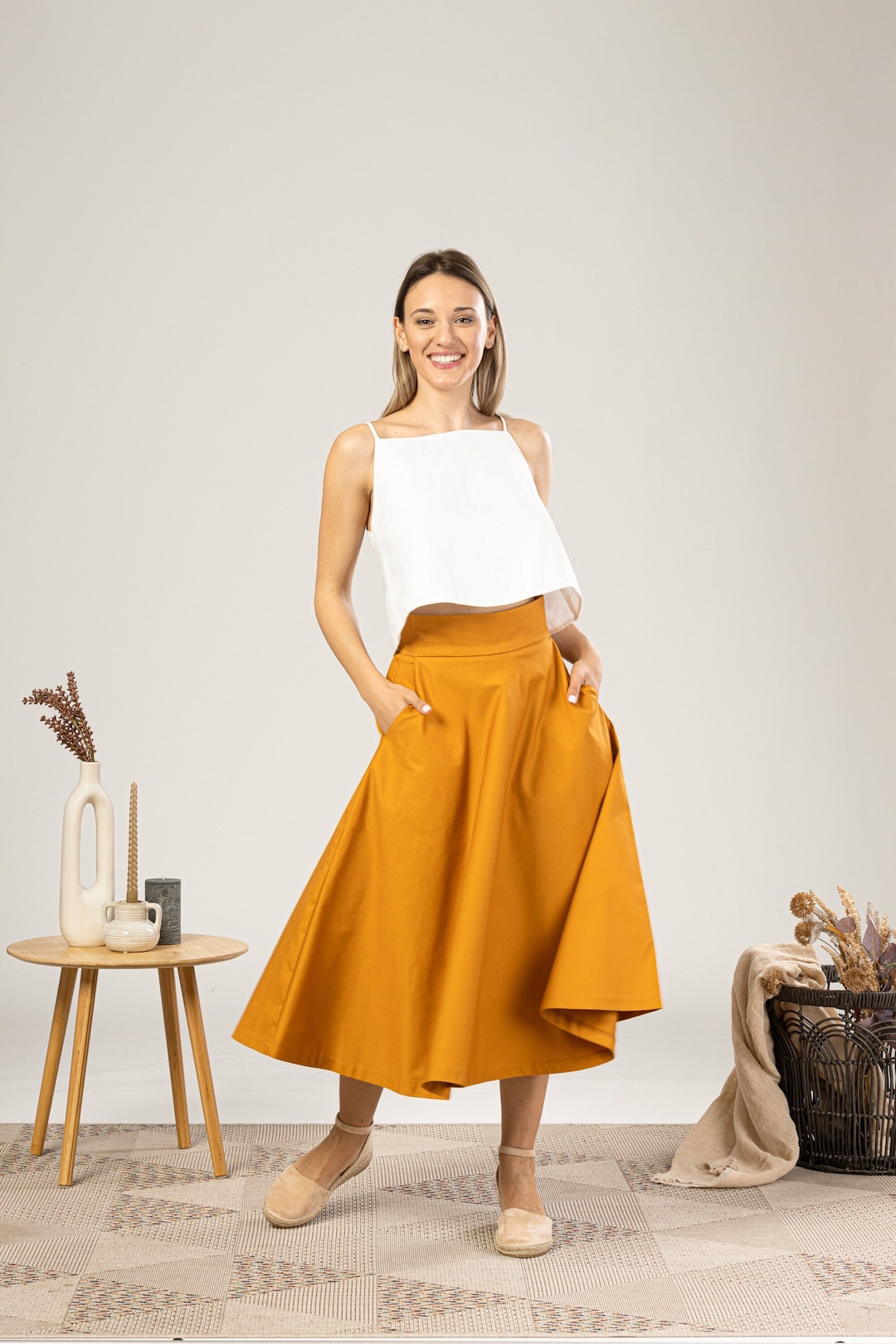 Midi Skirt Outfit Yellow Pleated Skirt Yarn Midi Flared Circle