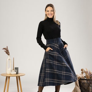 Tartan Wool Midi Skirt, High Waist Plaid Skirt, Plus Size Winter Skirt, Check Bell Circle Skirt, Wool Walking Skirt, 1940s Style Skirt image 4