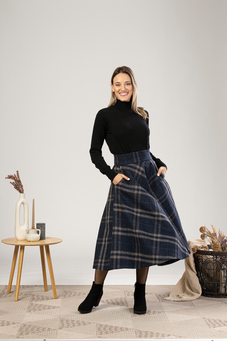 Tartan Wool Midi Skirt, High Waist Plaid Skirt, Plus Size Winter Skirt, Check Bell Circle Skirt, Wool Walking Skirt, 1940s Style Skirt image 4