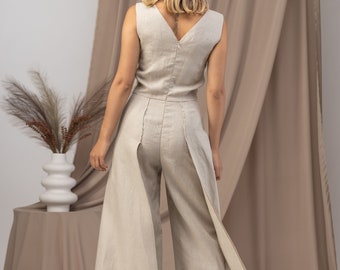 Eleganter Leinen Jumpsuit, formeller eleganter Jumpsuit, Hochzeitsgast Outfit, breiter Bein plus Größe Jumpsuit, Leinen Wrap Overall, Sommer-Outfit