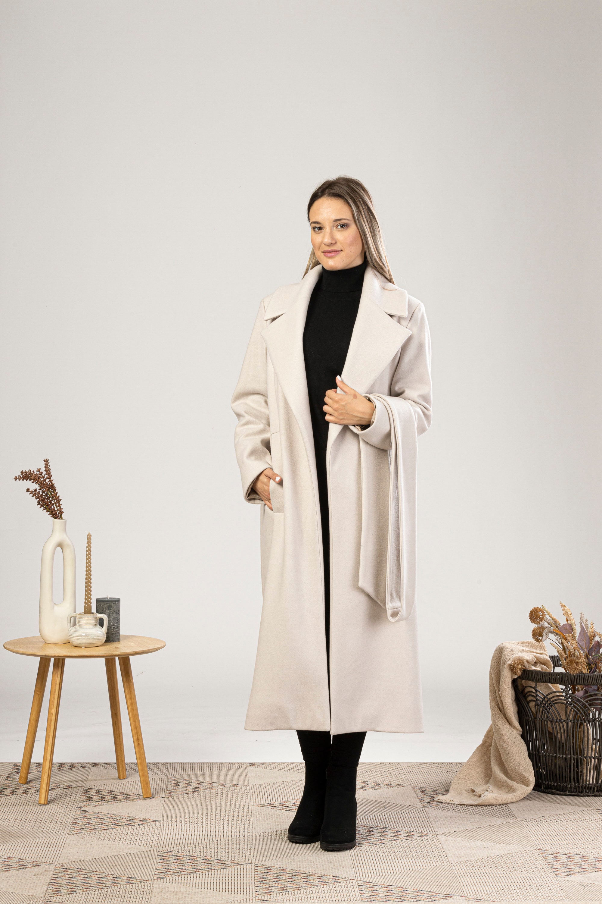 Minimalist Long off White Wool Coat Plus Size Princess Coat