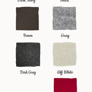May include: Swatch cards showing fabric colors: dark navy, black, brown, gray, dark gray, off white, and raspberry. The text "Nikka" is below the cards.