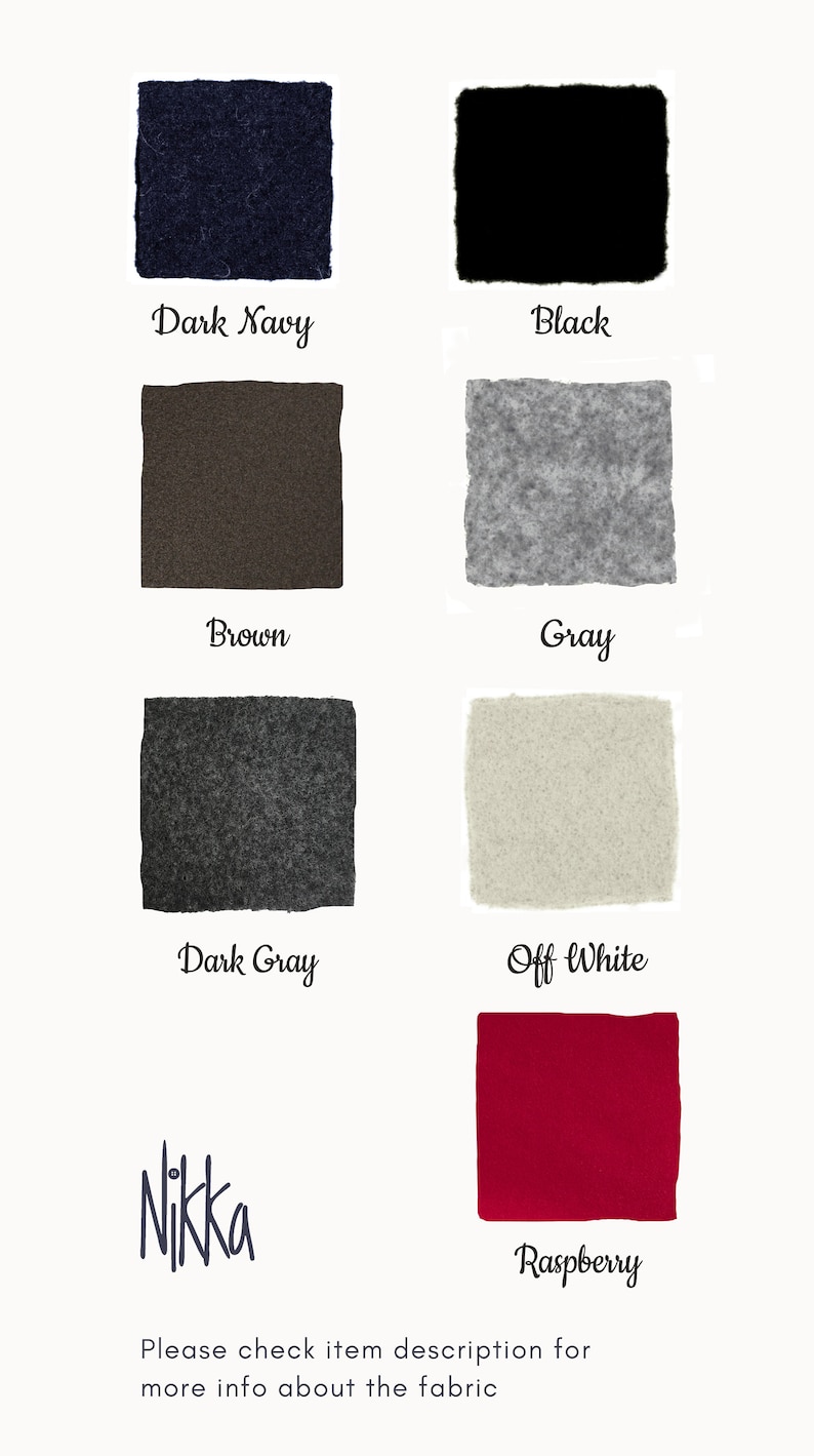 May include: Swatch cards showing fabric colors: dark navy, black, brown, gray, dark gray, off white, and raspberry. The text "Nikka" is below the cards.