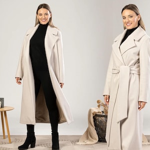 Minimalist Long Off White Wool Coat, Plus Size Princess Coat, Woolen Swing Overcoat, Maxi Fitted Wool Wrap Coat, Winter Trench Coat