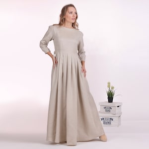 Maxi Linen Wedding Dress, Linen Formal Dress, Empire Waist Dress, Wedding Guest Dress, Pleated Modest Dress, Elegant Natural Linen Dress