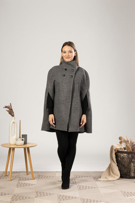 Wool Cape Coat, Dark Gray Pea Coat, Winter Overoat With Buttons, Wool  Poncho Coat, High Collar Cloak Coat, Winter Swing Coat, Plus Size 