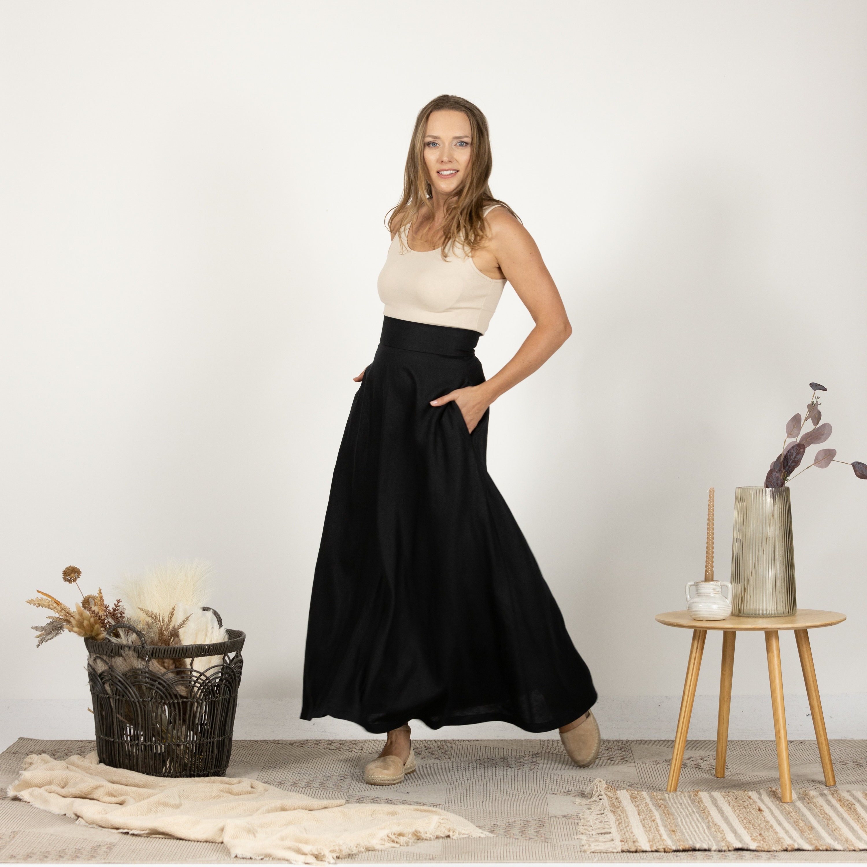 Summer Linen Skirt with High Waist and Pockets, A-Line Loose Linen Skirt, Summer Wedding Guest Dress, Black Victorian Walking Maxi Skirt