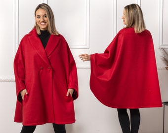 Wool Walking Lapel Cape Coat, Large Renaissance Cloak, Long Overcoat for Winter, Old-Fashioned Women Coat, Plus Size Available