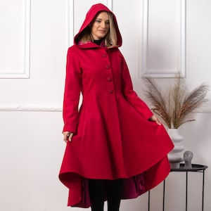 Hooded Wool Princess Coat, Asymmetrical Ruffle High-Low Coat, Red Riding Hood Coat, Plus Size Clothing, Elegant Flare Coat