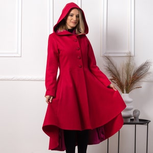 Hooded Wool Princess Coat, Asymmetrical Ruffle High-Low Coat, Red Riding Hood Coat, Plus Size Clothing, Elegant Flare Coat