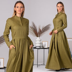 Vintage Inspired Civil War Dress, Old Fashioned Prairie Linen Dress, Edwardian Summer Dress, Linen Cottagecore Dress, Modest Casual Dress