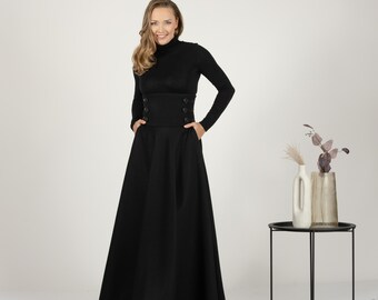 High Waisted Wool Maxi Skirt, Long Winter Skirt With Pockets
