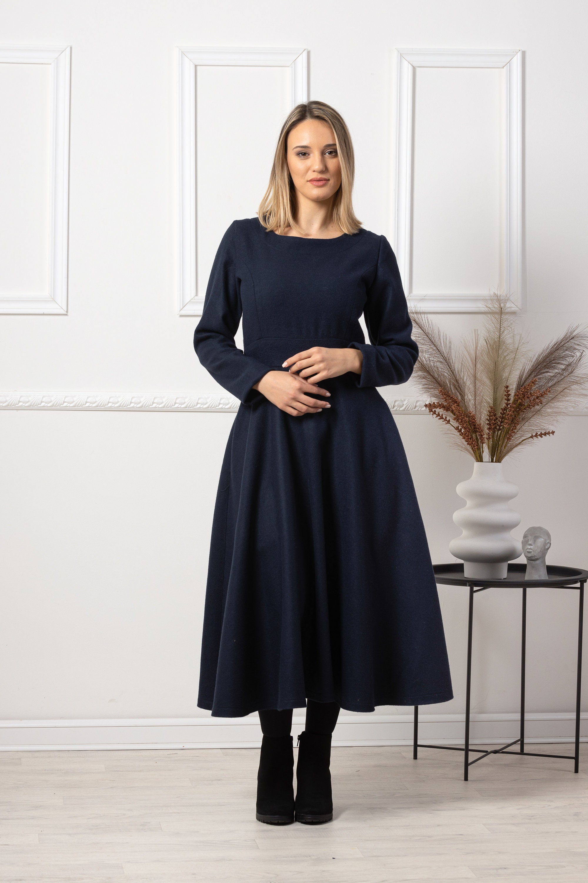 Buy Modest Retro Inspired Dress, Plus Size Plaid Winter Dress, Casual Wool  Midi Blue Dress, Warm Prairie Dress With Pockets, Church Dress Women Online  in India 