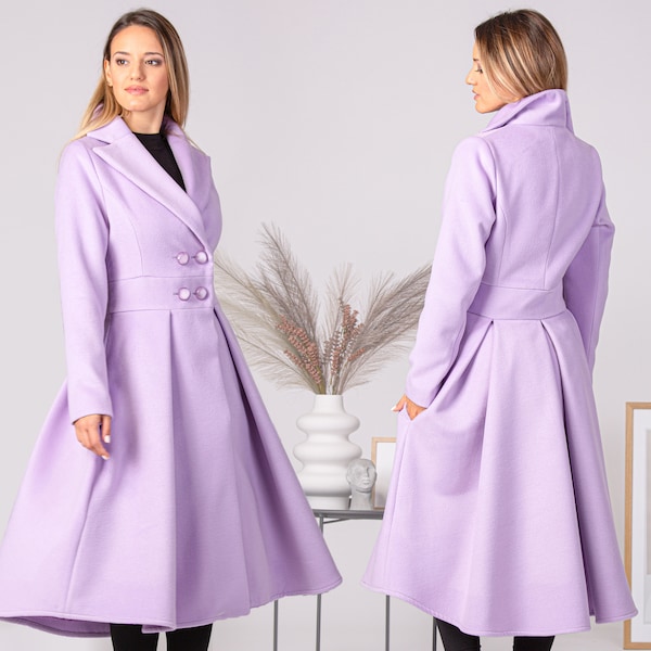 Fit and Flare Dress Coat with Pockets, Plus Size Lavender Purple Wool Coat, Minimalist A Line Winter Jacket Coat, Woolen Swing Coat Women