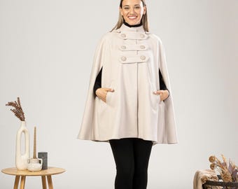 フード付きダブルブレストケープレット、冬用マント、プラスサイズ