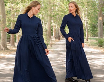 Viktorianisches Leinenkleid, Bescheidenes Vintage Stil Kleid, Prairie Bridgerton Kleid, Blaues Leinen Pionierkleid, Kleidung in Übergröße, Edwardianisches Kleid