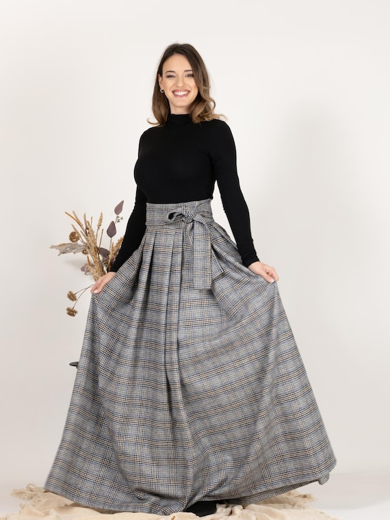 Wool Plaid Skirt With Bow Belt, High Waist Wool Skirt, Evening