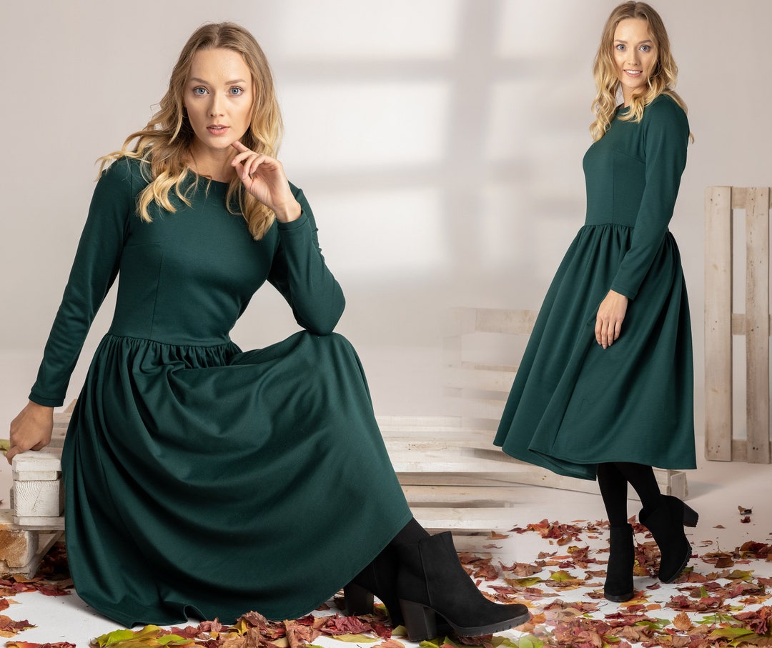 Plus Size Winter Dress Dark Green Retro Style Dress Elegant Etsy