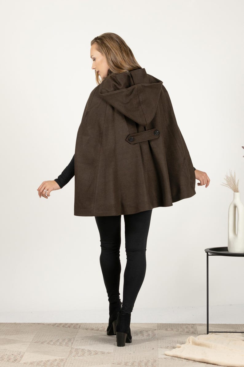Hooded Cape Coat with Pockets, Winter Poncho Cloak, Plus Size Clothing, Short Cape Wool Mix Cloak, Poncho Jacket, Elegant Petite Swing Cape image 17