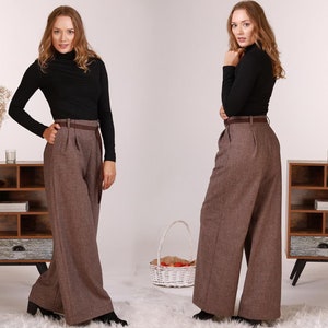 Elegant Cool Wool Palazzo Pants With Pockets For Women, Plus Size Available