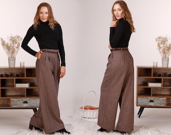 Elegant Cool Wool Palazzo Pants With Pockets For Women, Plus Size Available