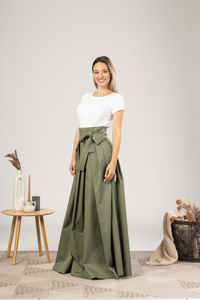 Fit and Flare Summer Cotton Skirt, Military Green High Rise Skirt, Formal Bow Tie Sash Skirt, Maxi Pleated Plus Size Edwardian Style Skirt image 2
