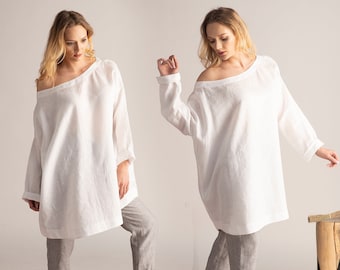 Linen Tunic Top, White Oversize Linen Blouse, Linen Clothing, Bohemian Clothing, Plus Size Tunic, Maternity Linen Top, Minimalist Linen