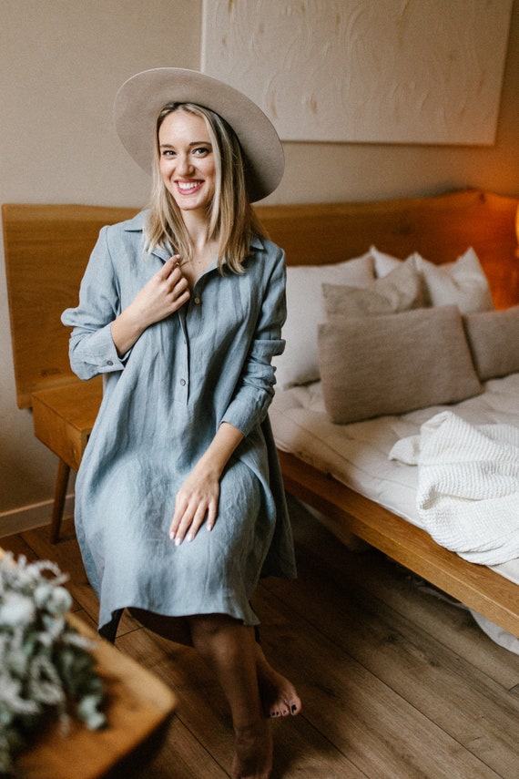 flowy tunic dress Flowy Cottagecore Linen Tunic Dress With Buttons, Knee Length Summer Tunic,  Bohemian Long Tunic Top, Elegant A-line Breezy Top for Ladies