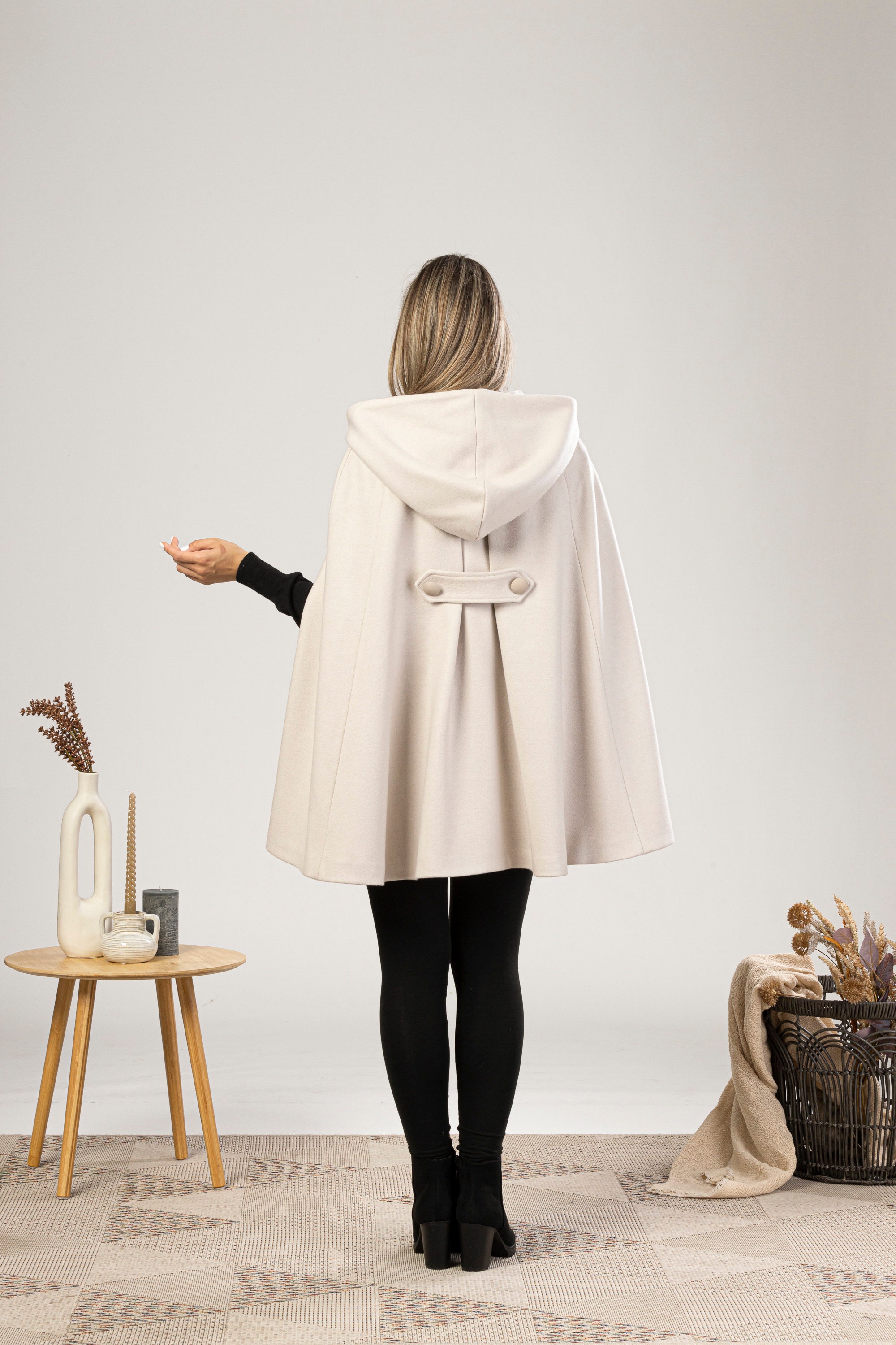 Hooded Back-pleated Cape Coat Woolen Sleeveless Jacket - Etsy Canada