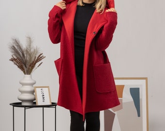 Hooded Wool Cardigan Coat Short Mustard Jacket Plus Size - Etsy Sweden