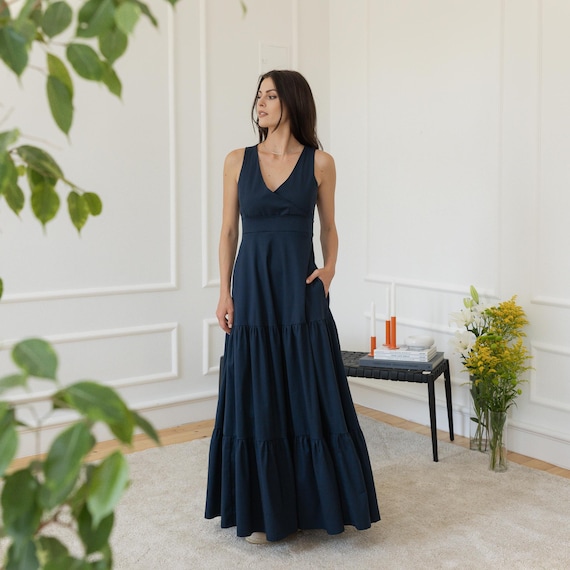 Maxi Cotton Summer Dress, V-Neck Sleeveless Dress, Plus Size Clothing, Navy Long Dress with Belt, Elegant Cocktail Dress, Formal Event Dress Maxi Cotton Summer Dress, V-Neck Sleeveless Dress, Plus Size Clothing, Navy Long Dress with Belt, Elegant Cocktail Dress, Formal Event Dress