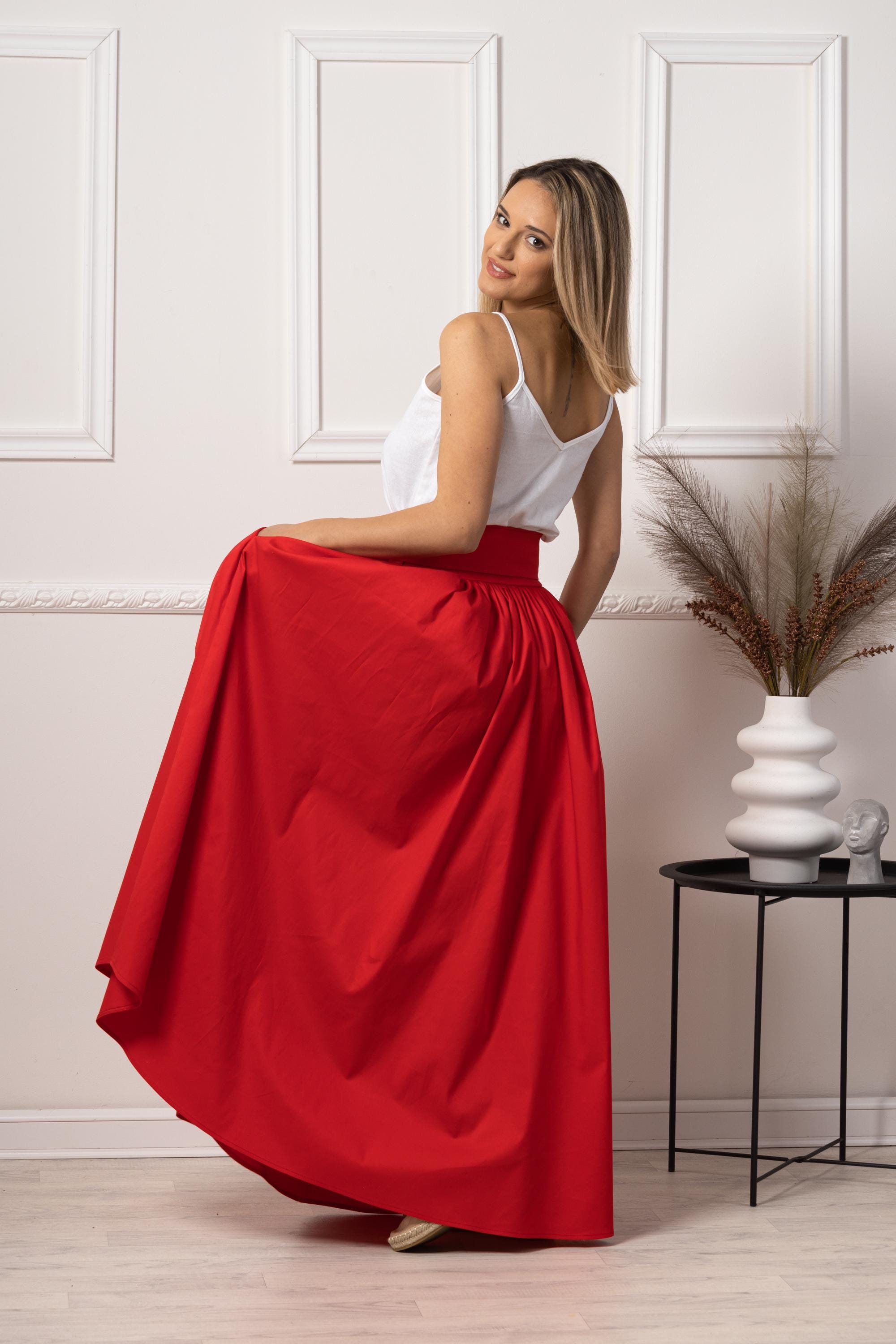 red full skirt dress Red Long Taffeta Skirt