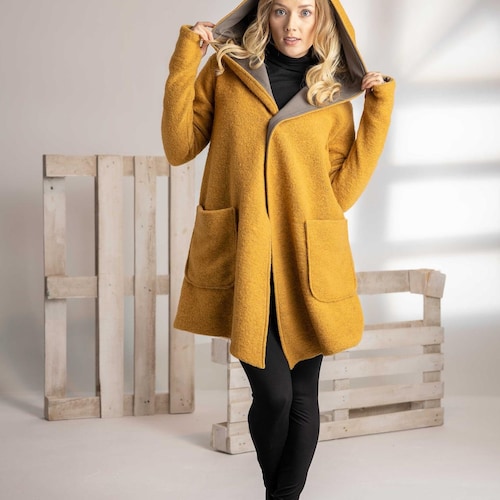 Hooded Wool Cardigan, Short Mustard Cardigan, Plus Size Clothing