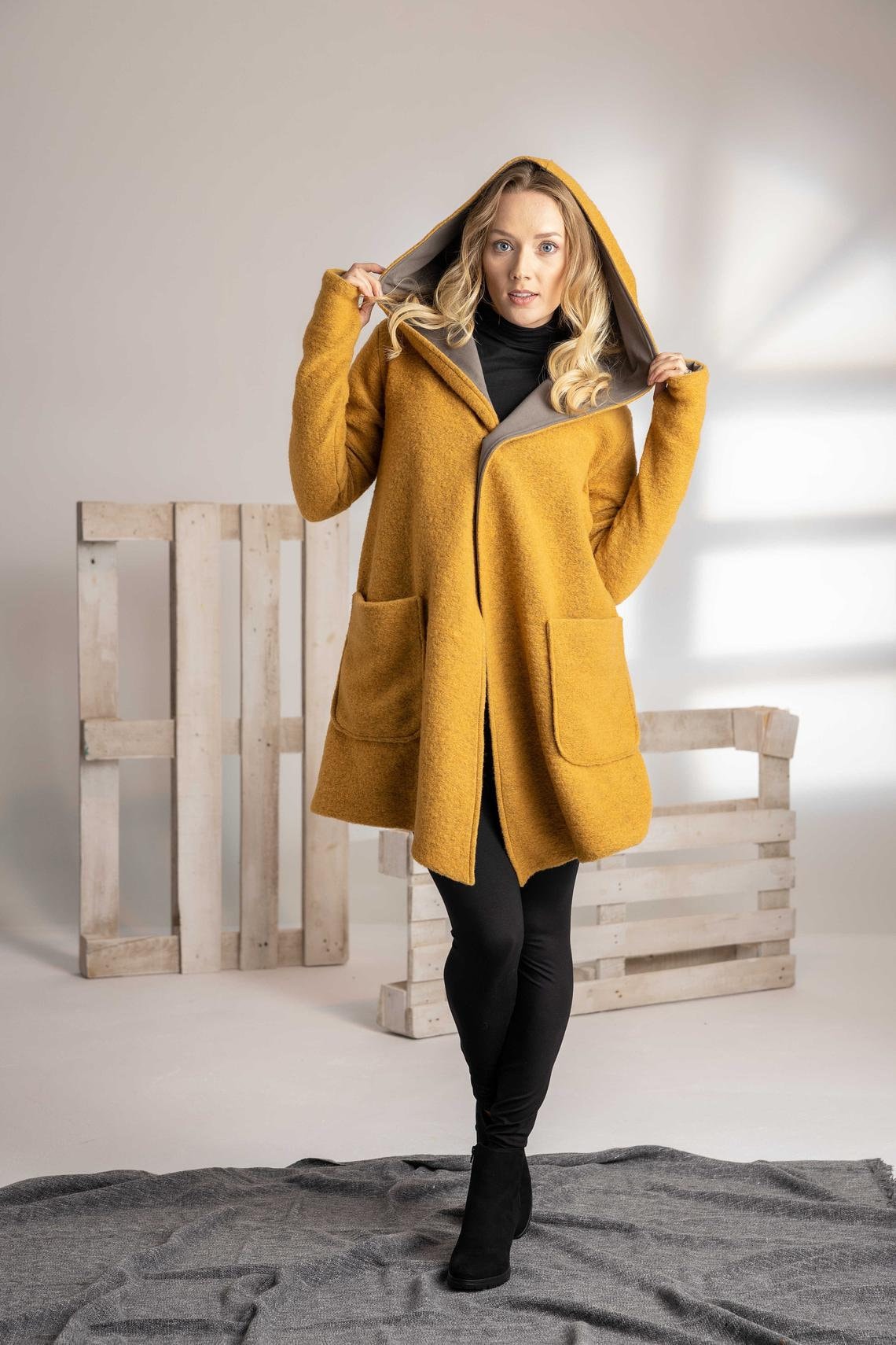 NikkaPlace Hooded Wool Cloak Coat