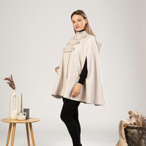 Hooded Cape Coat with Pockets, Winter Poncho Cloak, Plus Size Clothing, Short Cape Wool Mix Cloak, Poncho Jacket, Elegant Petite Swing Cape image 12