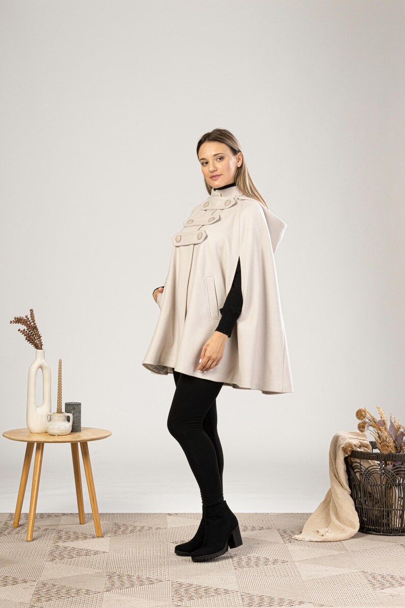 Hooded Cape Coat with Pockets, Winter Poncho Cloak, Plus Size Clothing, Short Cape Wool Mix Cloak, Poncho Jacket, Elegant Petite Swing Cape image 12